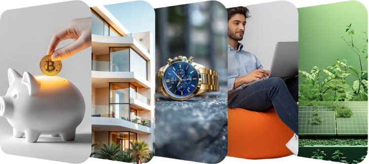 Secteurs d'investissement partenaires : crypto, immobilier, bourse, startups, actifs réels